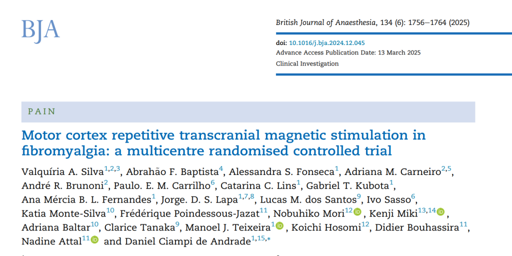 Artikelhoved: Silva et al., Motor cortex repetitive transcranial magnetic stimulation in fibromyalgia, British Journal of Anaesthesia, 2025